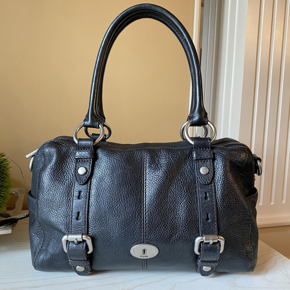 Vintage Fossil Key Maddox Pebbled Leather Satchel Bag black Taupe L L 12” Y2K